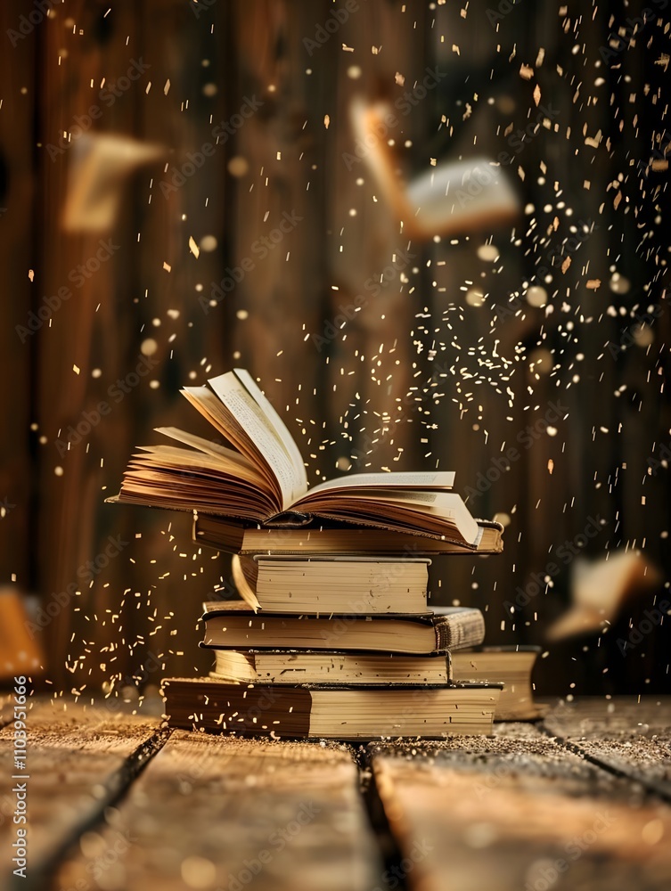 Poster a stack of books with one open, surrounded by floating pages and a warm, wooden background.