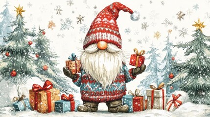  Merry Christmas, gnome with a long hat is holding gifts