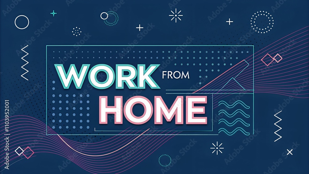 Poster dynamic geometric design with bold lettering emphasizes the concept of remote work on a vibrant blue