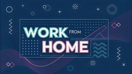 Dynamic geometric design with bold lettering emphasizes the concept of remote work on a vibrant blue background adorned with lines and patterns.