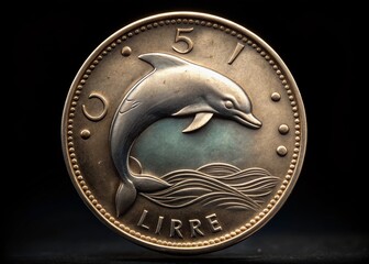 Vintage Italian 5 Lire Coin from 1951 Featuring a Dolphin on a Striking Black Background for Fashion Photography