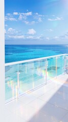 Fototapeta premium Balcony with white prismatic railing framing crystal clear sea view, outdoor relaxation, balcony decor, Mediterranean Sea, coastline