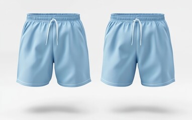 Blank light blue shorts mockup, front and back view, 3D rendering, white background 