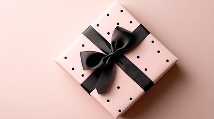 A beautifully wrapped gift with polka dots and a black ribbon rests on a soft pink background. This packaging exudes charm and is ideal for special occasions or festive celebrations