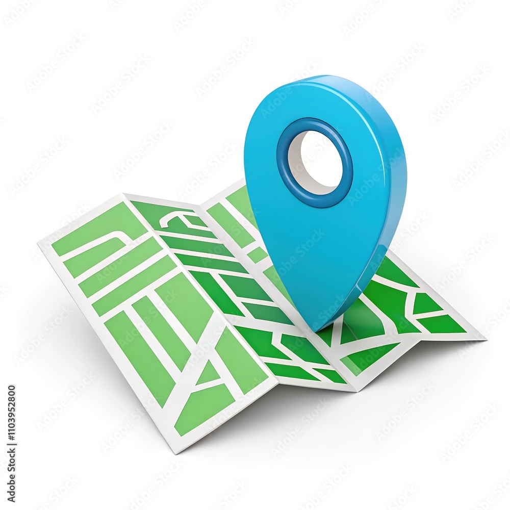 Poster 3d blue map marker on a folded green map, symbolizing navigation and location services.