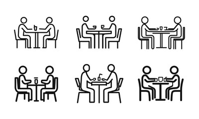 Group people seat at table, conversation, discussion, meeting icon line. Man communication on work in team, equality partnership.