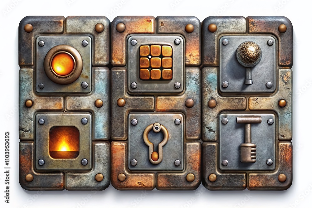 Poster vintage metal ui elements for game interface with stone square sliders and iron textured buttons, pe