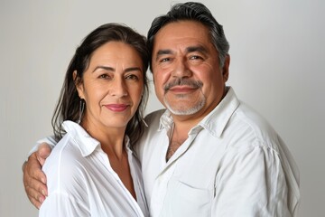 Fototapeta premium Portrait of a satisfied latino couple in their 50s wearing a simple cotton shirt on plain white digital canvas