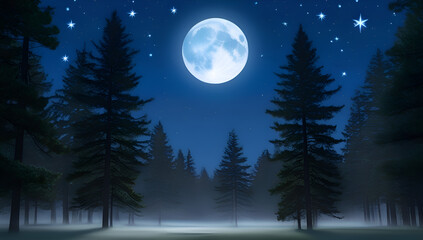 Full moon night with pine trees and a clear blue sky.