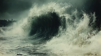 powerful ocean wave crashes dramatically against shore, showcasing raw energy of nature. dark, stormy sky adds to intense atmosphere of this coastal scene