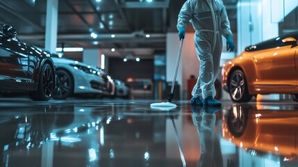 Obraz premium Cleaning action in underground garage automotive environment high-contrast viewpoint industrial concept for enhanced hygiene