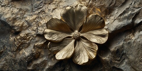 A stunning close-up of a golden clover sculpture with intricate detailing, resting on a textured stone surface
