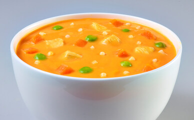 Nudel Tomaten Suppe mit Erbsen und Huehnchen, Suppe, Eintopf, 