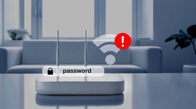 Router wifi on a living room, offline internet connection. Failure navigation. Red icon error alert
