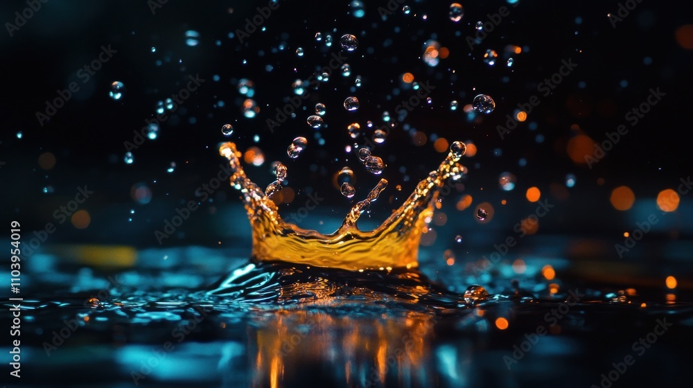 Poster water splash creating a crown shape with reflections.