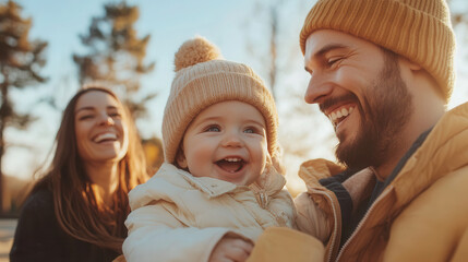 Obraz premium Happy moments in the park as a couple lifts their joyful child during a sunny day in autumn