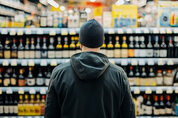 Man from behind examining wine or beer selection in a supermarket aisle, contemplating choices.