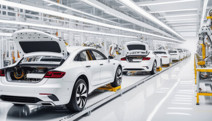 Robotic assembly lines make modern cars. Clean and bright workplace. New automotive factory concept