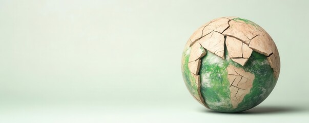 A cracked globe symbolizes environmental damage and the fragility of our planet, highlighting the urgent need for conservation and sustainability.
