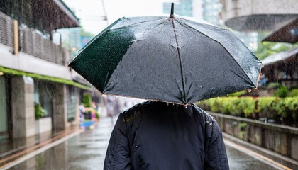 비 오는 거리에서 우산을 쓰고 혼자 걷는 사람의 뒷모습