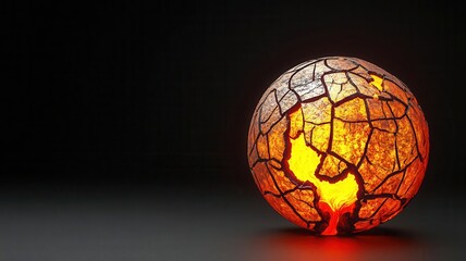 A glowing, cracked orb emits warm light, resembling molten lava against a dark background, creating a striking visual contrast.