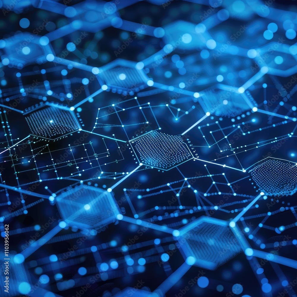 Aufkleber abstract digital network illustration with interconnected hexagons and glowing nodes.