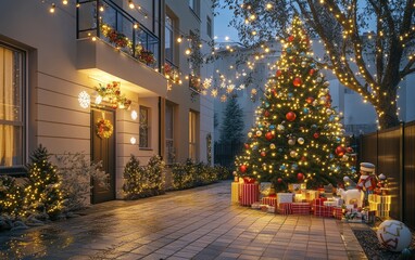 Fototapeta premium modern cozy street christmass tree with decorations toys and lights