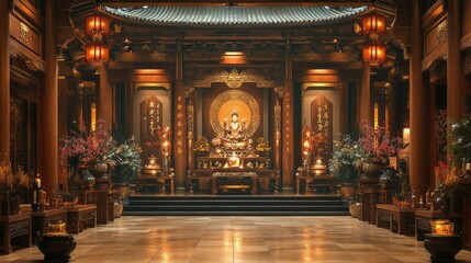 Obraz premium A serene temple interior featuring ornate decorations, a central statue, and vibrant floral arrangements.