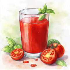 Watercolor drawing: a glass of fresh tomato juice