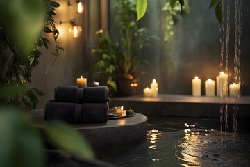 spa setting with rolled towels, burning candles, and lush greenery creating a serene atmosphere of wellness and relaxation