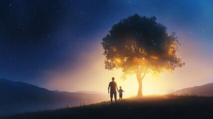 Fototapeta premium Ethereal family tree glowing in a surreal environment, beneficiary touched by light, Watercolor style,