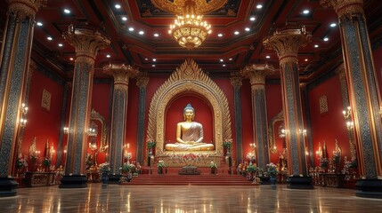 Obraz premium A serene temple interior featuring a large Buddha statue, ornate pillars, and warm lighting.