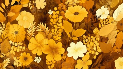 Golden Floral Pattern: Yellow Flowers and Leaves