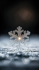 Fototapeta premium A delicate snowflake glistens against a blurred background, showcasing intricate patterns and a serene winter atmosphere.