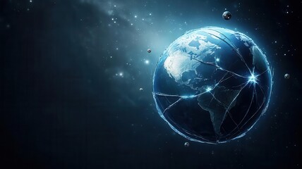 Fototapeta premium A glowing, interconnected Earth amidst a dark space backdrop, showcasing digital connections and the vastness of the universe.