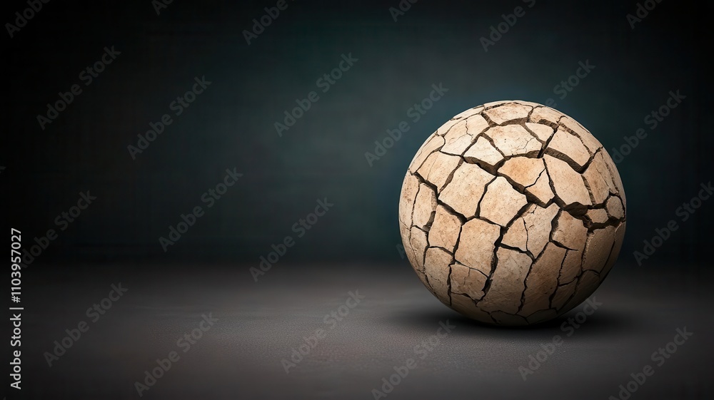 Poster a cracked, spherical object sits on a dark surface, showcasing a textured surface that contrasts wit