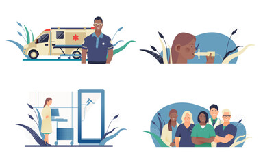 Set of Modern Flat Medical Insurance Illustrations. Spirometry, Plethysmography Equipment in Medical Office, Ambulance Transport, Team of Medical Specialists.