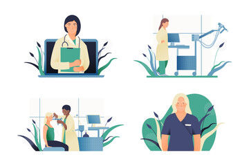 Set of Modern Flat Medical Insurance Illustrations. Medical Appointment, Spirometry and Plethysmography in Medical Office, Nurse or Intern.