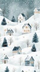 Fototapeta premium Charming winter village with snow-covered houses and festive trees in a serene cold atmosphere