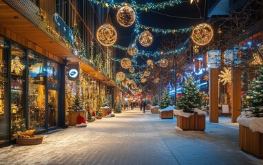 Obraz premium modern cozy street christmass tree with decorations toys and lights 