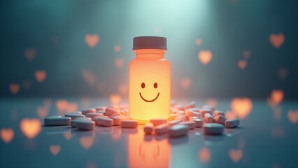 A glowing bottle of antidepressants surrounded by a smiling face, glowing heart, and sun icon. Soft pastel colors create a serene atmosphere, representing emotional healing and positivity