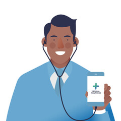 Online Doctor Consultation. Medical Specialist with Stethoscope Hold Smartphone. Modern Flat Vector Illustration. Website Banner. Social Media Template.