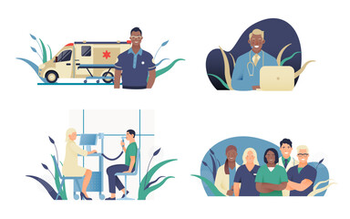 Set of Modern Flat Medical Insurance Illustrations. Ambulance, Call Center, Spirometry in Medical Office, Team of Medical Specialists.