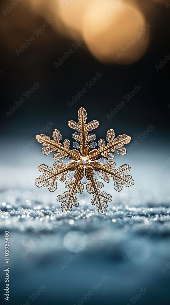 Poster a delicate snowflake glistens on a snowy surface, illuminated by soft bokeh lights in the background
