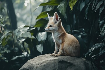 Fototapeta premium Fennec Fox Sitting on Rock Amidst Lush Green Foliage
