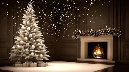 Fototapeta premium A beautifully decorated Christmas tree filled with ornaments and lights stands next to a warm fireplace. Gift boxes are neatly arranged below the tree, enhancing the holiday spirit