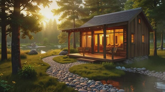 Log cabin in the countryside, 4K seamless looping virtual video animation background