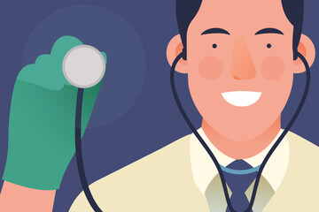 Happy Medical Specialist Holding Stethoscope on Dark Background. Modern Flat Vector Illustration. Medical Insurance Website Banner. Social Media Template.