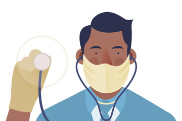 Medical Specialist in Mask Holding Stethoscope. Modern Flat Vector Illustration. Medical Insurance Website Banner. Social Media Template.