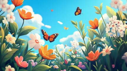 Fototapeta premium Vibrant Spring Flowers with Butterflies - Nature Wallpaper